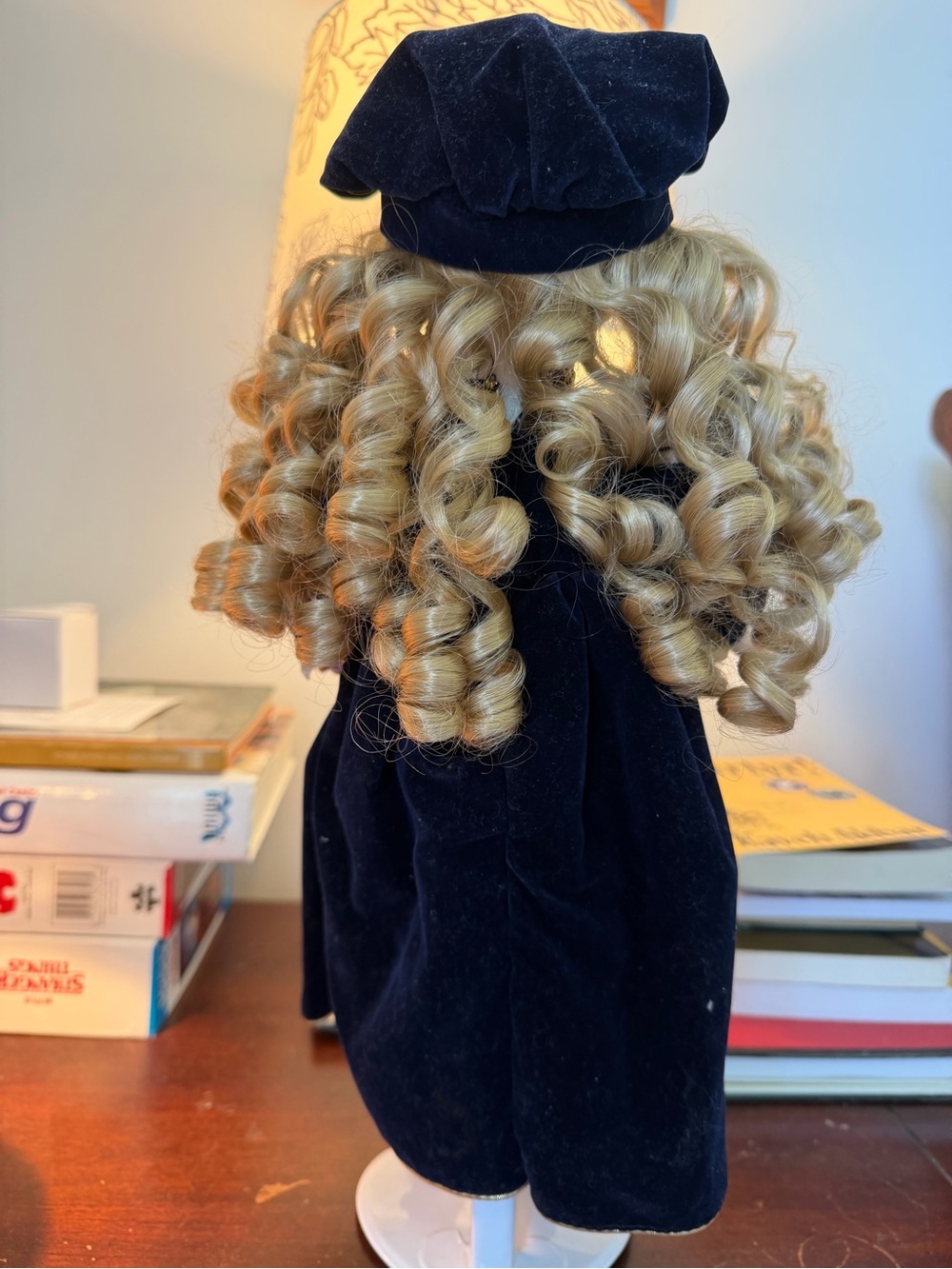 Collectible Blonde Curly-Hair Porcelain Doll in Navy and Gold - Picture 3 of 7